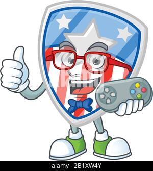 Un beau bouclier de gamer badges USA avec le dessin de personnage de dessin animé d'étoiles Illustration de Vecteur
