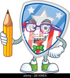 Une icône de mascotte de badges de protection des étudiants USA avec un crayon à caractères en étoile Illustration de Vecteur