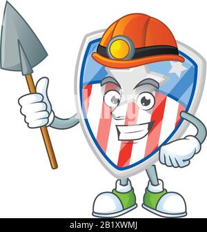 Cool Clever Miner Shield badges USA avec motif personnage de dessin animé en étoile Illustration de Vecteur
