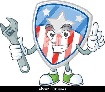 Joyeusement Mechanic Shield badges États-Unis avec motif personnage de dessin animé en étoile Illustration de Vecteur