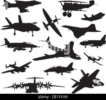Collection de silhouettes d'avions à vecteur militaire et civil. Rétro et moderne Illustration de Vecteur