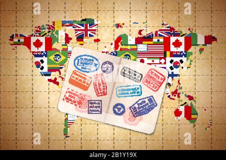 Passeport étranger ouvert avec des timbres internationaux de visa sur le monde antique carte avec drapeaux sur le vieux papier Illustration de Vecteur