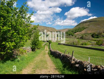 Vue d'été d'une ferme typique de Yorkshire Dales fortifiée près de Muker à Swaledale Banque D'Images