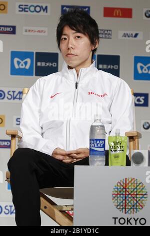 Tokyo, Japon. 28 février 2020. L'athlète japonais Yuta Shitara assiste à une conférence de presse pour le Tokyo Marathon 2020 au Keio Plaza Hotel Tokyo. Certains athlètes d'élite et en fauteuil roulant ont assisté à une conférence de presse pour répondre aux questions de la presse avant l'événement annuel qui se tiendra à Tokyo le 1 mars. Les organisateurs du Tokyo Marathon 2020 ont décidé de ne permettre que les coureurs d'élite et les athlètes en fauteuil roulant de participer à l'événement annuel en raison de l'épidémie de coronavirus (COVID-19) au Japon. Crédit: Rodrigo Reyes Marin/Zuma Wire/Alay Live News Banque D'Images