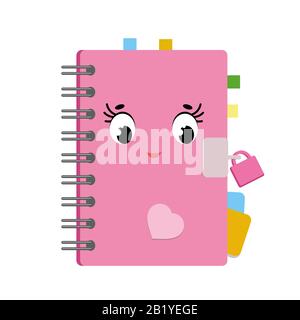 Joli journal de dessin animé dans une couverture rose avec autocollants et signets. Joli personnage. Illustration vectorielle plate simple isolée sur fond blanc Illustration de Vecteur