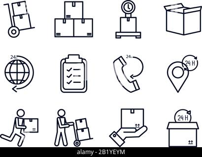 Style de ligne Icon set design, livraison logistique transport expédition service entrepôt industrie et thème mondial illustration vectorielle Illustration de Vecteur