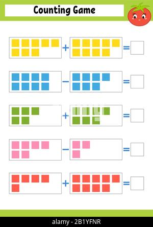 Jeu de comptage pour les enfants d'âge préscolaire. Jeu mathématique pédagogique sur l'addition et la soustraction. Feuille de travail active pour les enfants. Illustration vectorielle brillante. Illustration de Vecteur