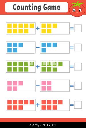 Jeu de comptage pour enfants. Addition et soustraction. Feuille de calcul d'activité. Illustration vectorielle plate simple avec un joli personnage. Avec un endroit pour wri Illustration de Vecteur