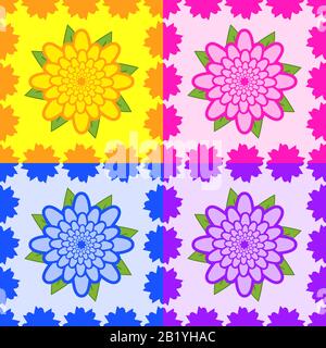 Ensemble de motifs sans couture de fleurs jaunes, roses, bleues, violettes avec feuilles vertes Illustration de Vecteur