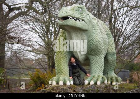 Verena McCaig, de l'Angleterre historique, avec une sculpture d'Iguanadon, faisant partie des dinosaures du Crystal Palace, dans le Crystal Palace Park, Londres. Les statues de classe I de 30 ans, construites dans les années 1850, ont été ajoutées au registre du patrimoine historique de l'Angleterre à risque après que les experts ont trouvé de grandes fissures sur les corps et les membres et en danger de perdre des orteils, des dents et des queues. Banque D'Images