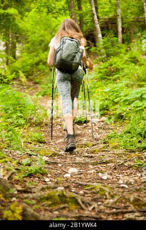 Randonneur actif sur un chemin étroit dans la forêt en début de printemps après-midi Banque D'Images