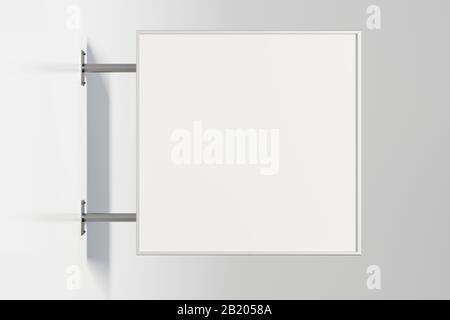 Panneau unique carré ou signalisation isolée sur le mur blanc avec maquette de panneau blanc vierge. Vue latérale Banque D'Images