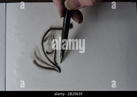 Séquence de dessin avec stylo immergé dans l'encre de l'Inde sur du papier d'aquarelle humide avec propagation de l'encre. Banque D'Images