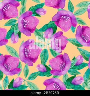 motif fleuri peint à la main en aquarelle sans couture avec fleurs violettes en hellebore sur fond orange. pour le papier peint ou le textile Banque D'Images
