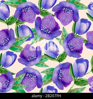 motif fleuri peint à la main en aquarelle sans couture avec fleurs en hellebore lilas sur fond laiteux. pour le papier peint ou le textile Banque D'Images