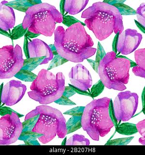 motif fleuri peint à la main en aquarelle sans couture avec fleurs violettes en hellebore sur fond blanc. pour le papier peint ou le textile Banque D'Images