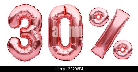 Rose doré trente pour cent signe fait de ballons gonflables isolés sur des ballons blancs.hélium, numéros de feuille rose. Décoration de vente, vendredi noir, discothèque Banque D'Images