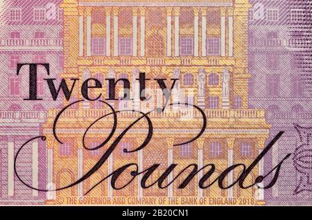 Détail du nouveau polymère britannique £20 note (fév 2020) montrant la Banque d'Angleterre Banque D'Images