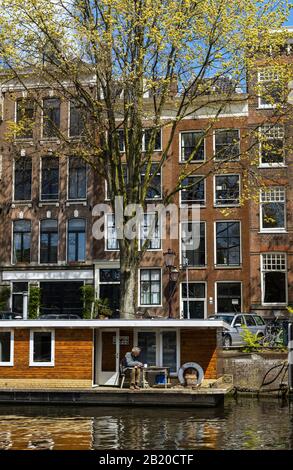 Café l'après-midi dans une péniche à Amsterdam Banque D'Images