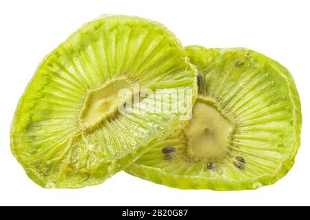 Chips de kiwifruit, fines tranches séchées de fruits actinidia deliciosa, isolées Banque D'Images