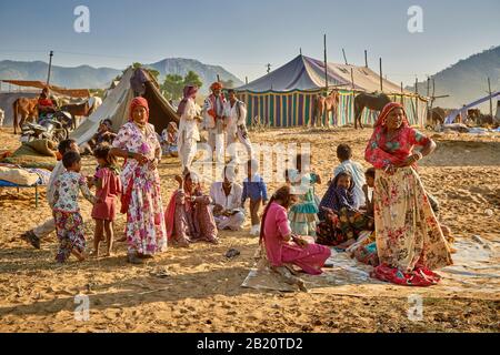Les gens qui vivent à dos de chameau et de bétail, Puskar Mela, Pushkar, Rajasthan, Inde Banque D'Images