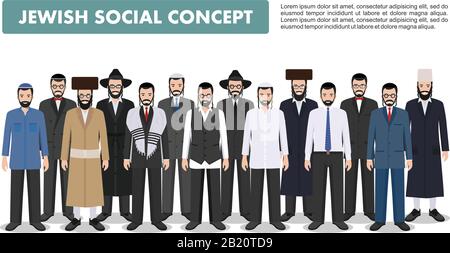 Concept familial et social. Groupe adultes juifs hommes debout ensemble dans différents vêtements traditionnels dans le style plat. Israël. Différences Illustration de Vecteur