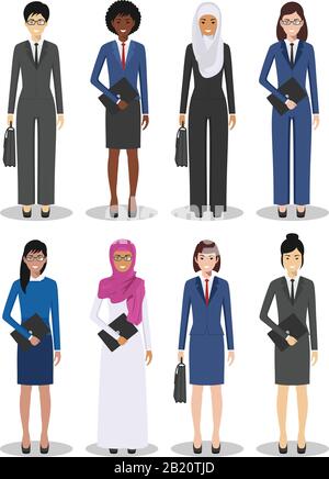 Équipe d'affaires et concept de travail d'équipe. Ensemble de différentes illustrations détaillées des femmes d'affaires en style plat sur fond blanc. Nationalités différentes Illustration de Vecteur