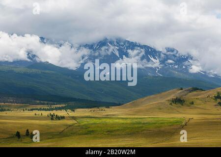 Vue panoramique sur la chaîne nord-Chuya enneigée dans les montagnes de l'Altaï en été, Sibérie, Russie. Banque D'Images