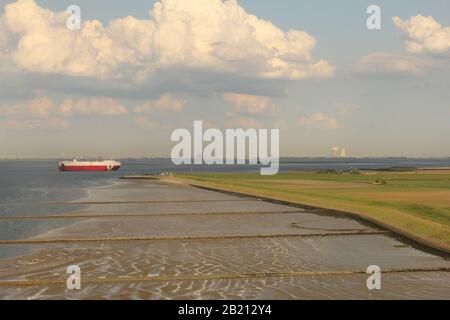 vue aérienne sur un cargo qui navigue dans l'ouest de l'escaut le long des plaines marécatrices et de la pointe verte vers anvers au printemps Banque D'Images