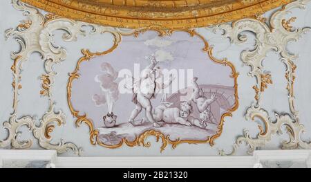 Plafond fresque par Martin Heigl, 1765, détail, salle de banquet monastère de Raitenhaslach, salle Steinern, Aula Maior, Burghausen, Haute-Bavière, Bavière Banque D'Images