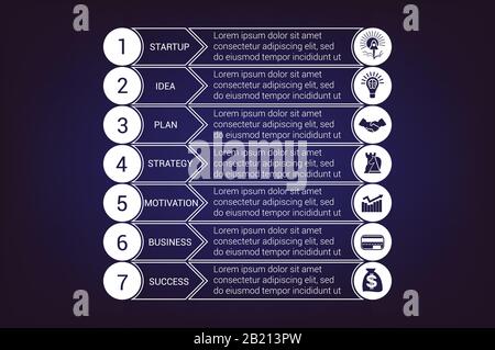 Jeux de lignes de démarrage modèles d'infographie à partir de cercles et de bandes horizontales 7 positions pour la zone de texte, possibilité d'utiliser pour le flux de travail, la bannière, le diagramme, nous Illustration de Vecteur