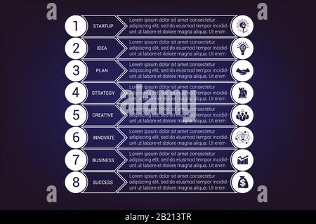 Jeux de lignes de démarrage modèles d'infographie à partir de cercles et de bandes horizontales 8 positions pour la zone de texte, possibilité d'utiliser pour le flux de travail, la bannière, le diagramme, nous Illustration de Vecteur