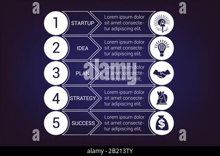 Jeux de lignes de démarrage modèles d'infographie à partir de cercles et de bandes horizontales 5 positions pour la zone de texte, possibilité d'utiliser pour le flux de travail, la bannière, le diagramme, nous Illustration de Vecteur