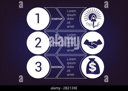 Jeux de lignes de démarrage modèles d'infographie à partir de cercles et de bandes horizontales 3 positions pour la zone de texte, possibilité d'utiliser pour le flux de travail, la bannière, le diagramme, nous Illustration de Vecteur