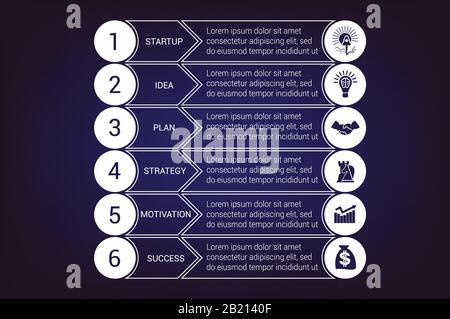 Jeux de lignes de démarrage modèles d'infographie à partir de cercles et de bandes horizontales 6 positions pour la zone de texte, possibilité d'utiliser pour le flux de travail, la bannière, le diagramme, nous Illustration de Vecteur
