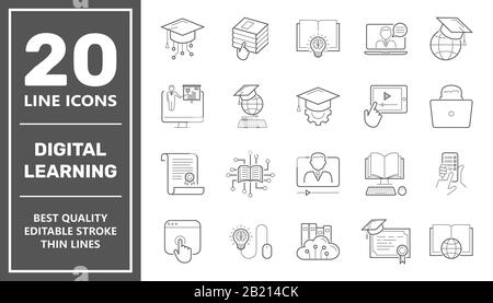 E-learning, apprentissage numérique. Éléments d'éducation en ligne Thin line web icon set. Collection d'icônes de contour. Illustration vectorielle simple. Contour Modifiable Illustration de Vecteur