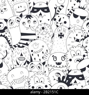 Motif sans couture avec de jolis monstres sur fond blanc. Mignons monstres dessinés à la main sur un fond blanc. Illustration vectorielle scandinave. Illustration de Vecteur