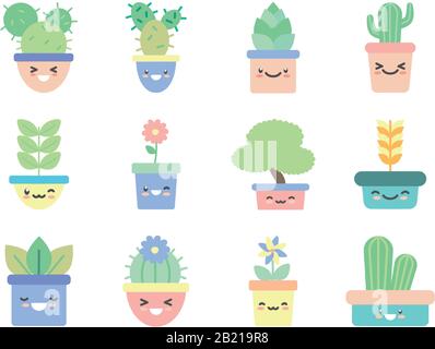 Kawaii plantes à l'intérieur des pots plate style icône ensemble conception de fleurs nature jardin ornement botanique décoration beauté et flore thème illustration vectorielle Illustration de Vecteur