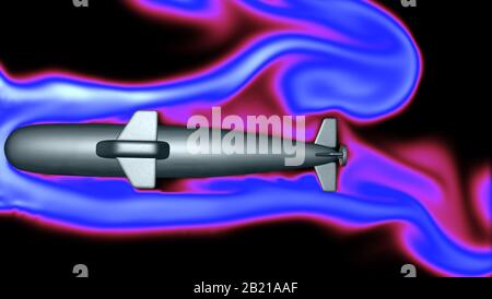 Fluide , débit d'air autour du corps du sous-marin. Hydrodynamique . concept de simulation de rendu tridimensionnel art technologique Banque D'Images