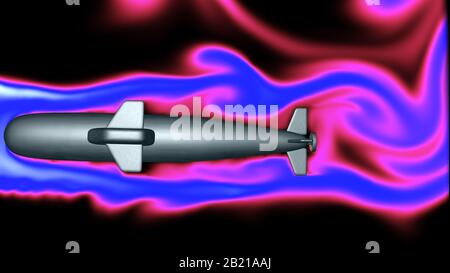 Fluide , débit d'air autour du corps du sous-marin. Hydrodynamique . concept de simulation de rendu tridimensionnel art technologique Banque D'Images