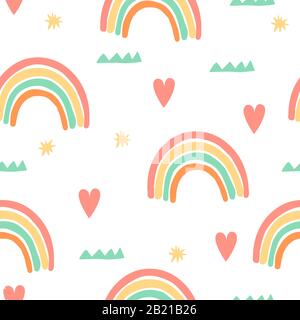 Motif sans couture dessiné à la main avec arc-en-ciel, coeurs et étoiles. Fond enfantin vectoriel parfait pour le tissu, l'emballage, le textile. Style scandinave. Illustration de Vecteur