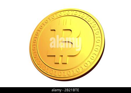 Bitcoin. Pièce de monnaie de bit physique. Monnaie numérique. Cryptocurrency. Pièce d'or avec symbole bitcoin isolée sur fond blanc. Illustration vectorielle de stock. Banque D'Images