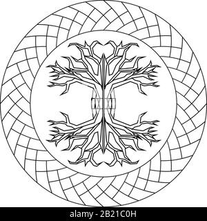 Contour ancien arbre païen scandinave de la vie yggdrasil dans le cercle ornamenté Illustration de Vecteur