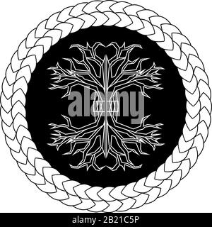 Contour ancien arbre païen scandinave de vie yggdrasil dans cercle noué Illustration de Vecteur