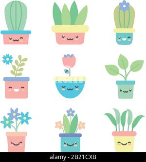 Kawaii plantes à l'intérieur des pots plate style icône ensemble conception de fleurs nature jardin ornement botanique décoration beauté et flore thème illustration vectorielle Illustration de Vecteur
