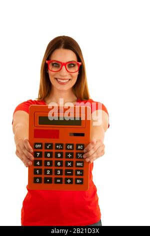 Beau jeune étudiant en mathématiques tient rétro grande calculatrice isolée sur fond blanc Banque D'Images
