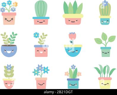 Kawaii plantes à l'intérieur des pots plate style icône ensemble conception de fleurs nature jardin ornement botanique décoration beauté et flore thème illustration vectorielle Illustration de Vecteur
