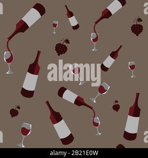 Motif sans coutures avec plusieurs bouteilles de vin rouge qui se déversent dans des verres sur fond beige foncé Illustration de Vecteur