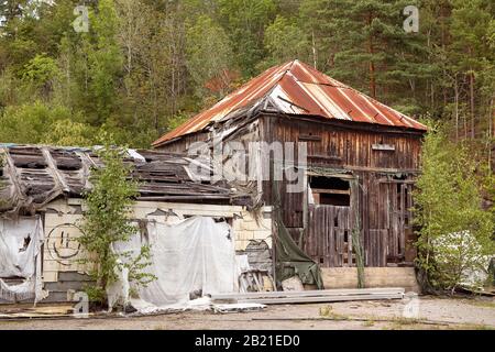 Bâtiment abandonné, ancienne ruine de la maison en bois débridée avec la forêt derrière. Banque D'Images