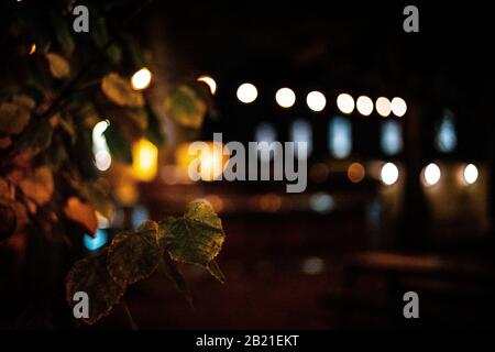 Lumières nocturnes près d'un café à Oslo, Norvège, créant un bel effet bokeh. Banque D'Images